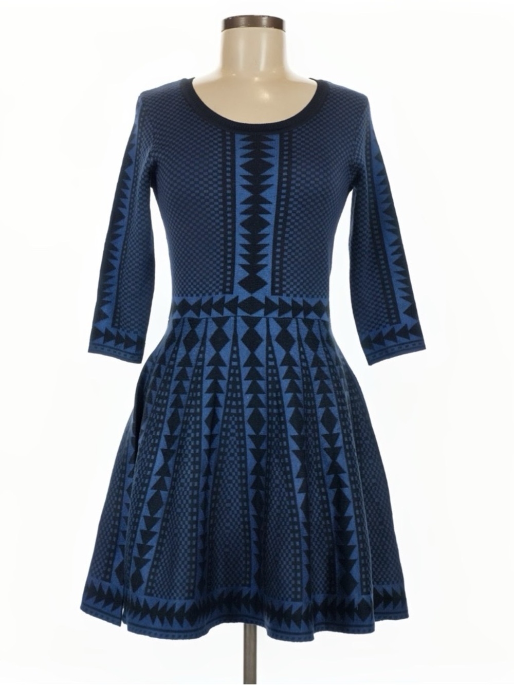 Nina Leonard Blue Patterned Fit-and-Flare Dress Size XL